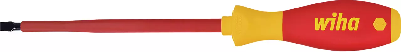 Tournevis électrique rouge et jaune avec embout plat.