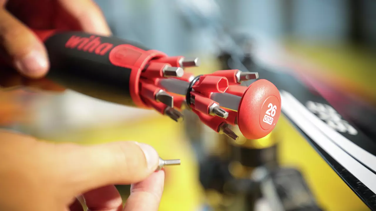 Red and black multi-bit screwdriver with interchangeable bits held by a person.