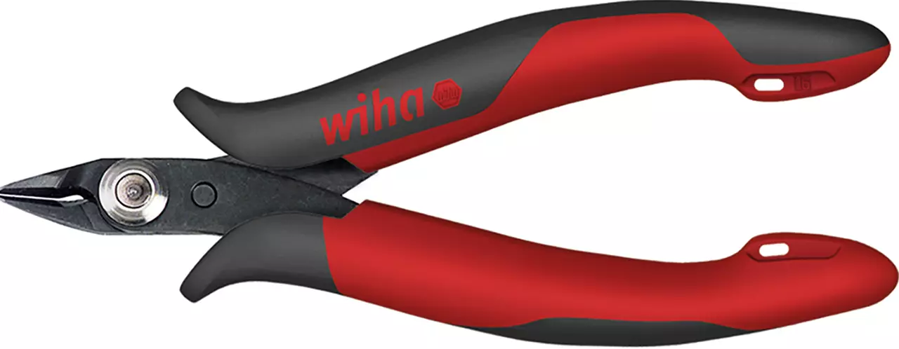 Electronic side cutter with red and black handles.