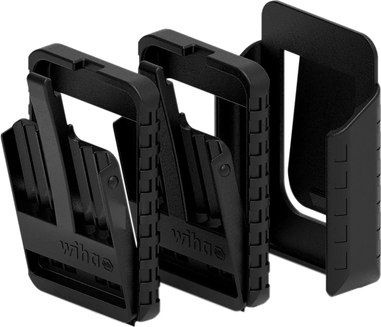 Black plastic tool holder, open and empty, with slots for organizing tools.