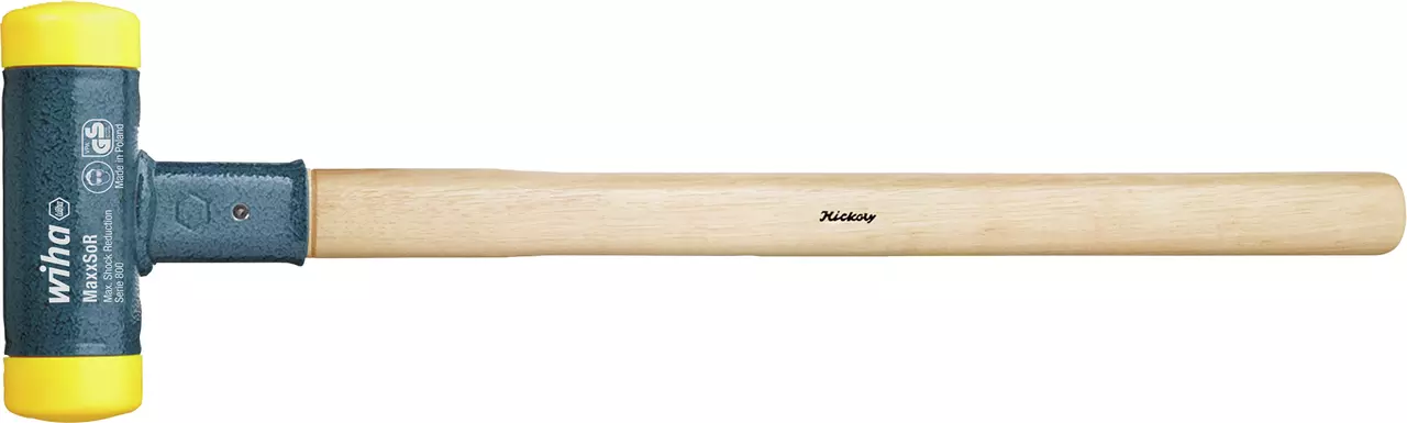 Non-rebound sledgehammer with wooden handle and yellow rubber ends.
