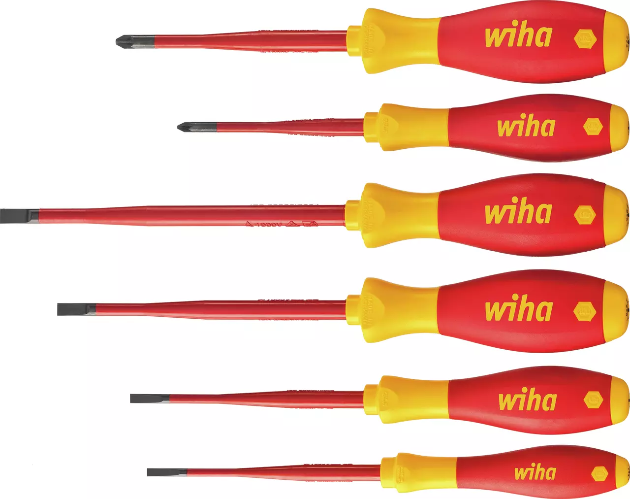 Set of six insulated screwdrivers with red and yellow handles