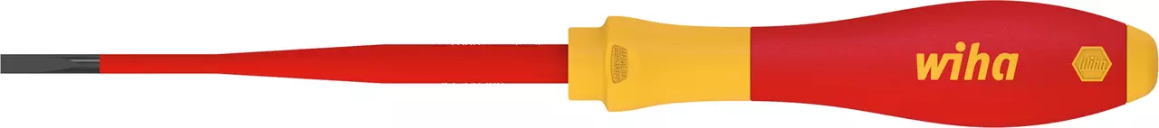 Red and yellow insulated flathead screwdriver with ergonomic handle.