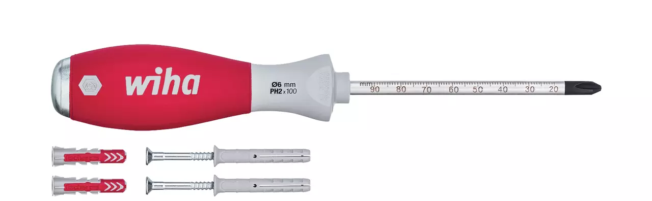 Red and gray screwdriver with a measuring scale and two pairs of wall plugs and screws.