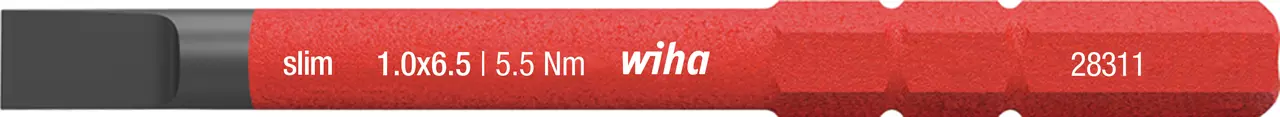 Roter Schraubendrehereinsatz mit schwarzer Spitze, beschriftet mit "slim 1.0x6.5 | 5.5 Nm wiha 28311".