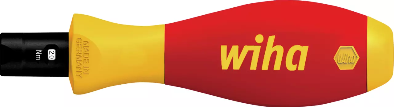Red and yellow torque screwdriver handle with "wiha" logo.