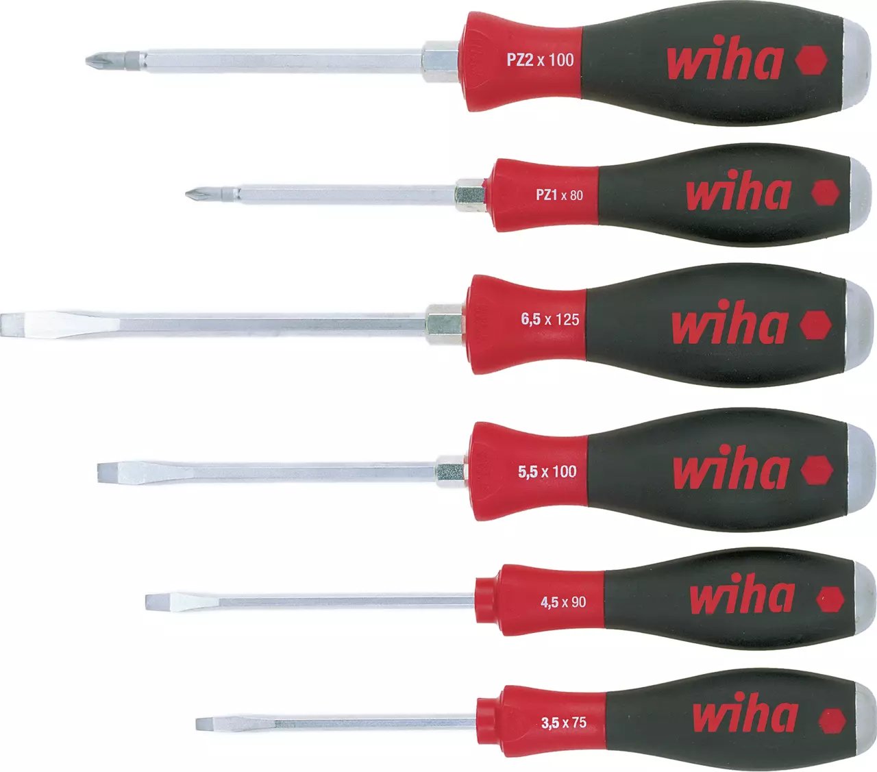 Set of six screwdrivers with black and red handles, various sizes