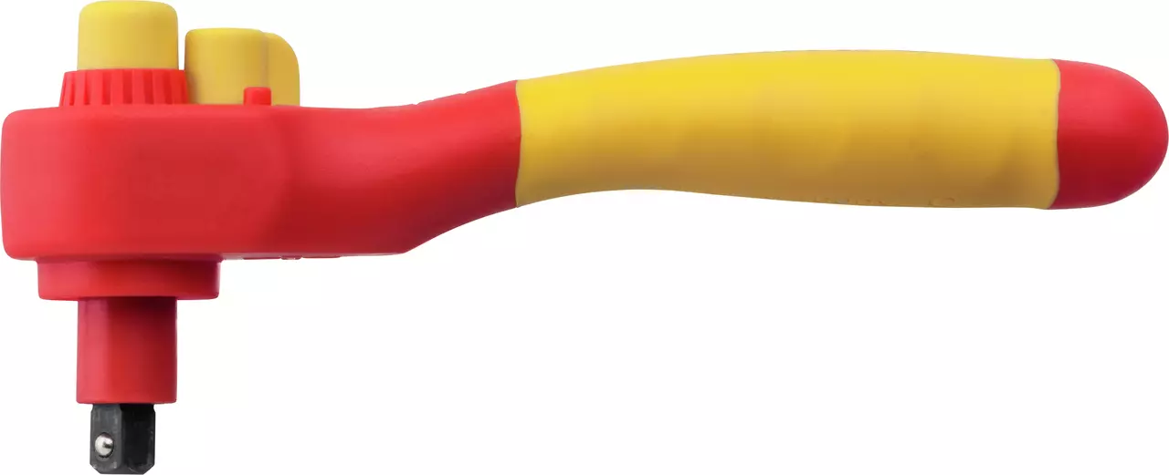 Red and yellow insulated ratchet with ergonomic handle.