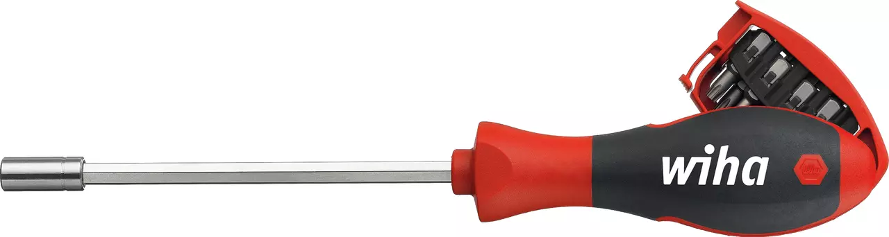 Red and black screwdriver with a bit holder in the handle
