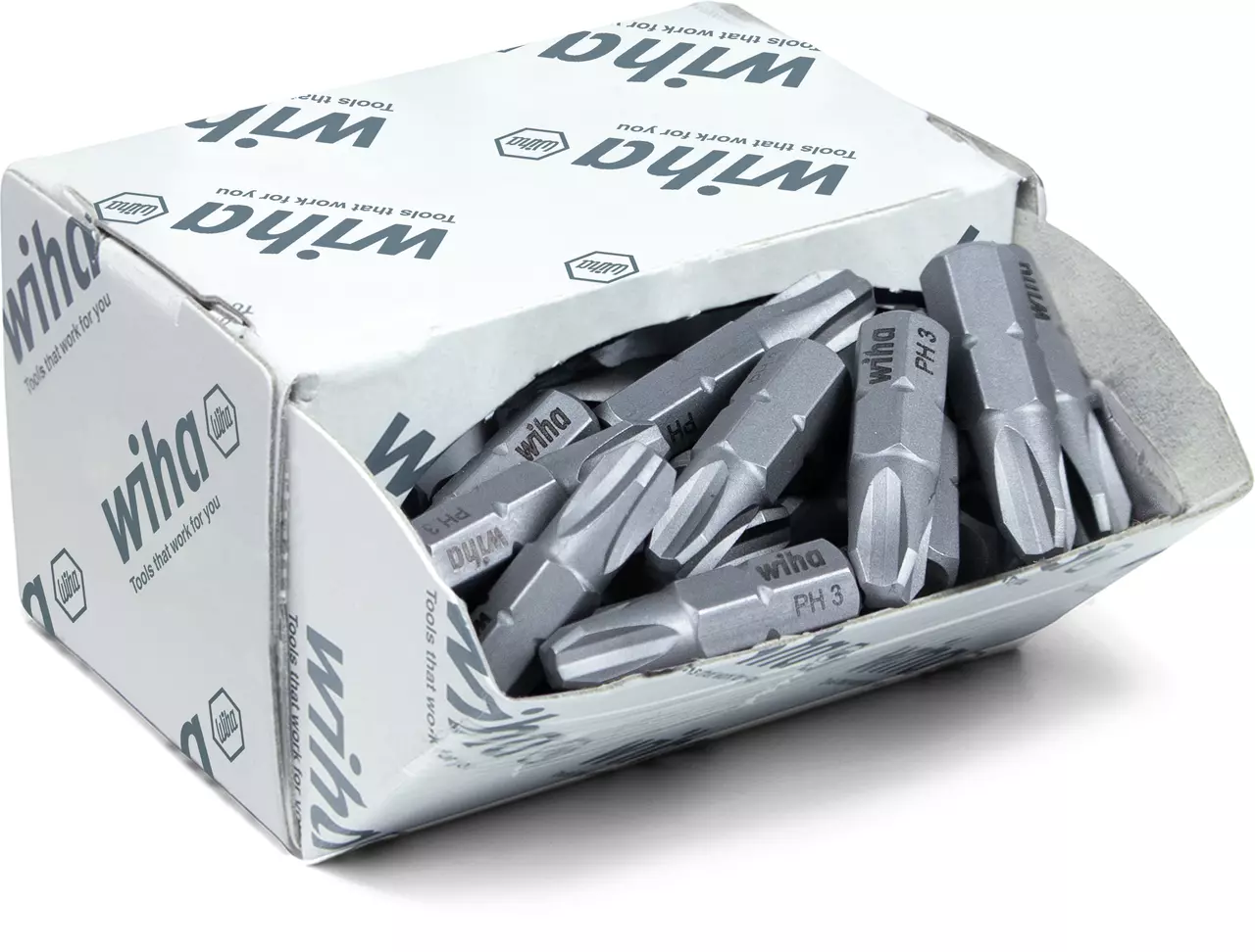 Box of gray screwdriver bits with "Wiha" branding visible.