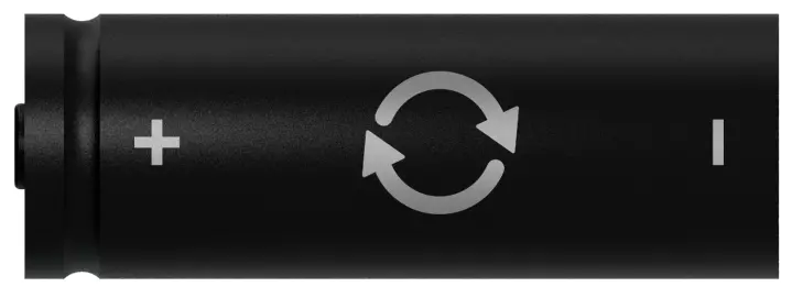 Schwarze zylindrische Batterie mit Plus- und Minuszeichen und einem Kreispfeilsymbol.