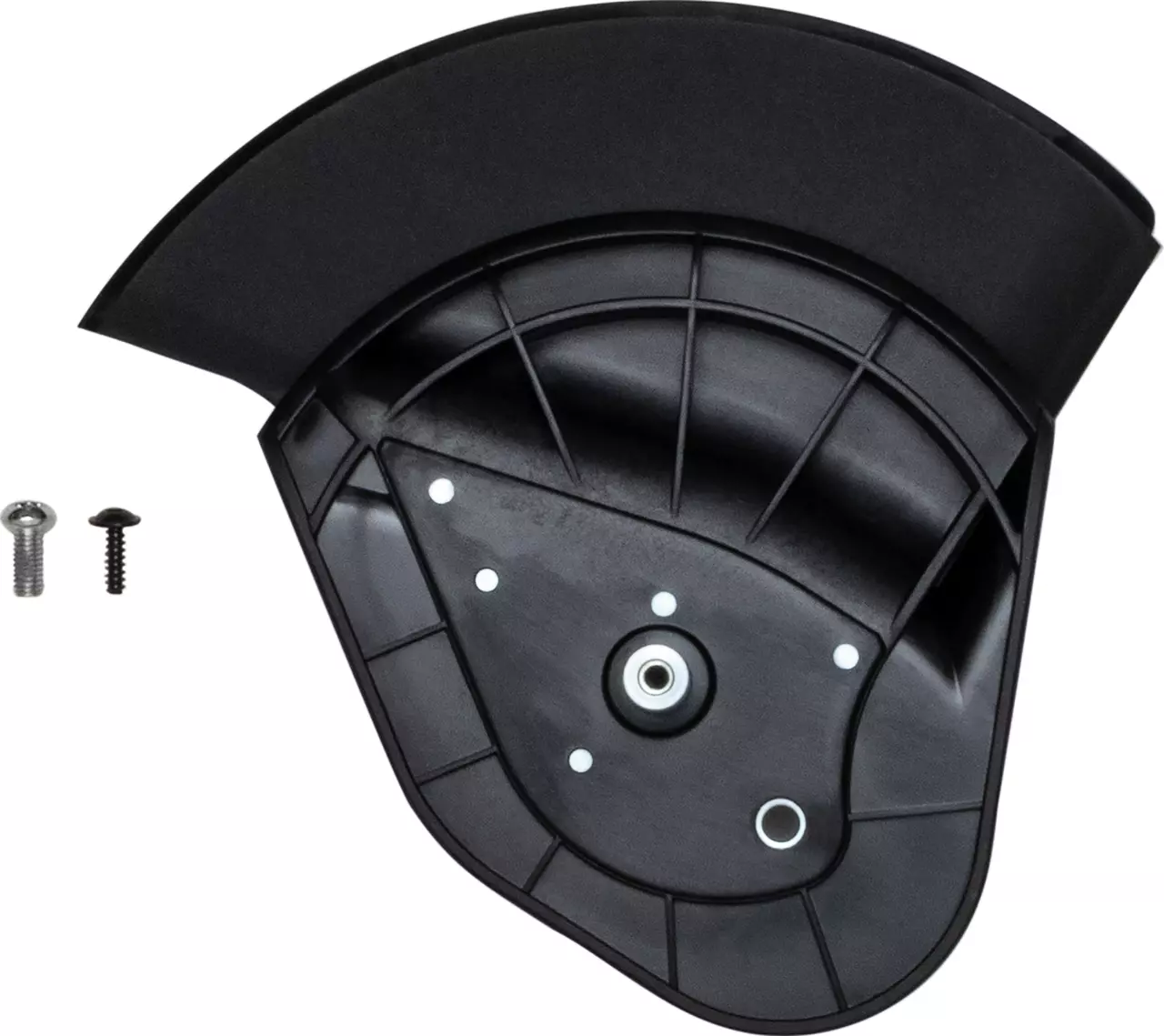 Black plastic wheel bracket with two screws, one silver and one black.