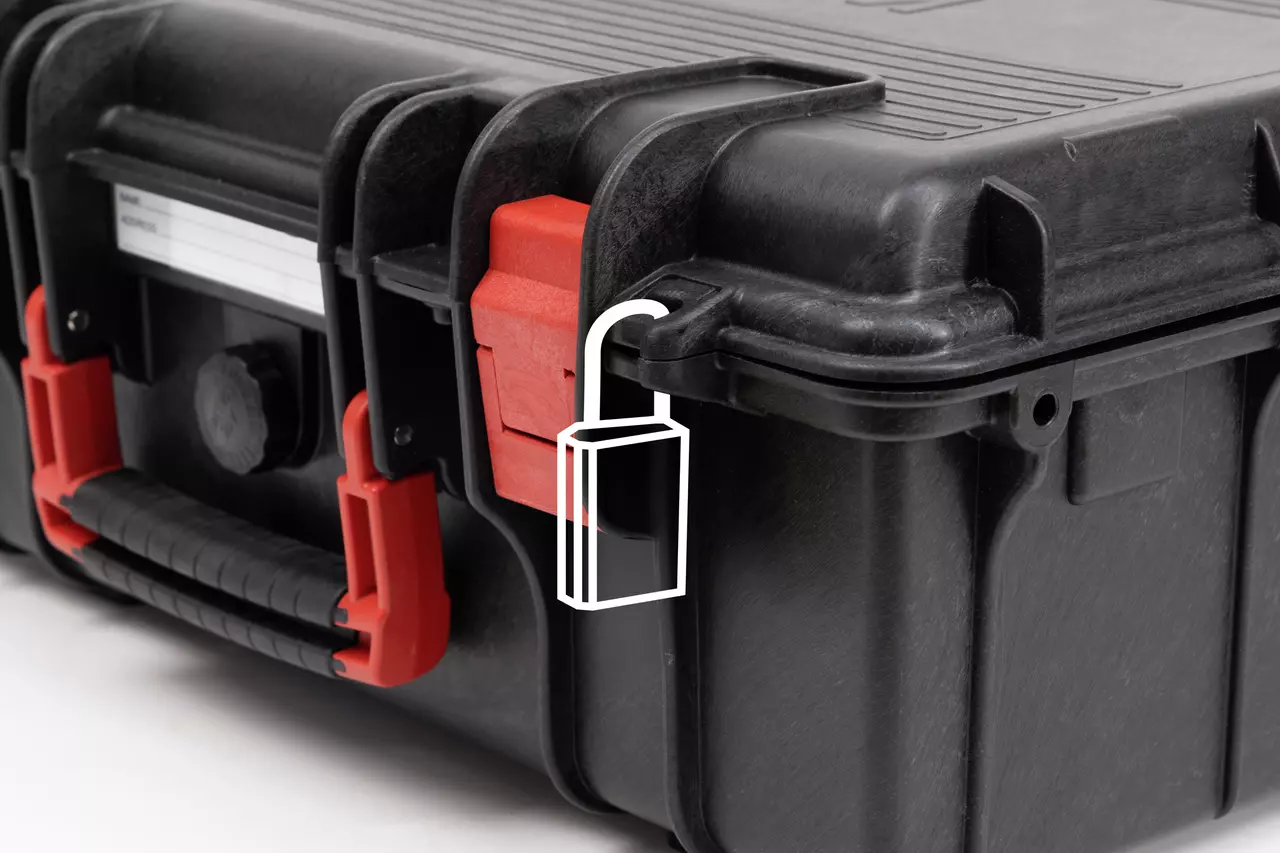 Black plastic case with red latches and a handle, featuring a padlock icon on the side.