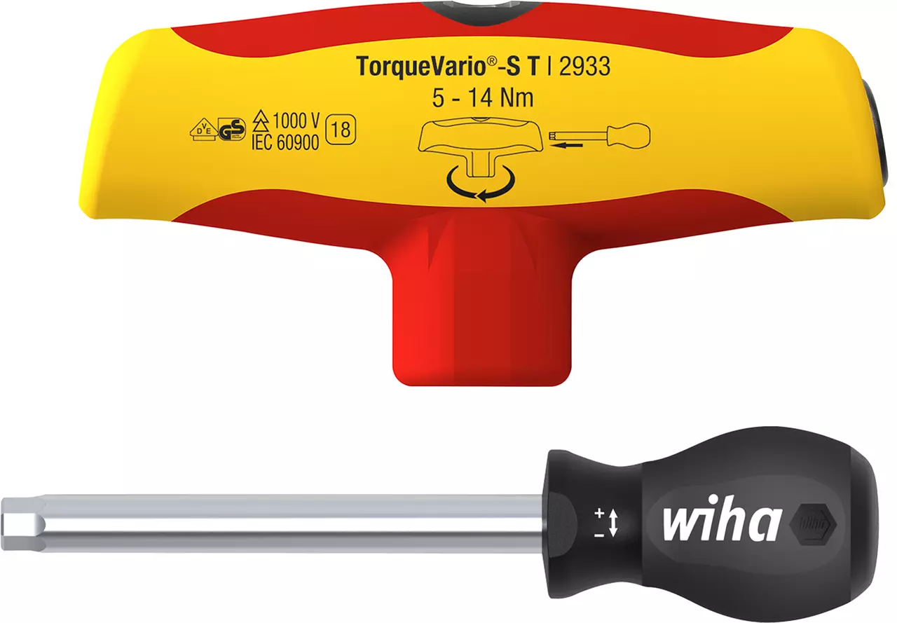 Red and yellow T-handle torque screwdriver with black handle and metal shaft.