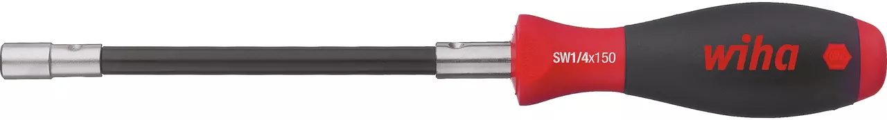 Red and black screwdriver with a SoftFinish handle and metallic bit holder.