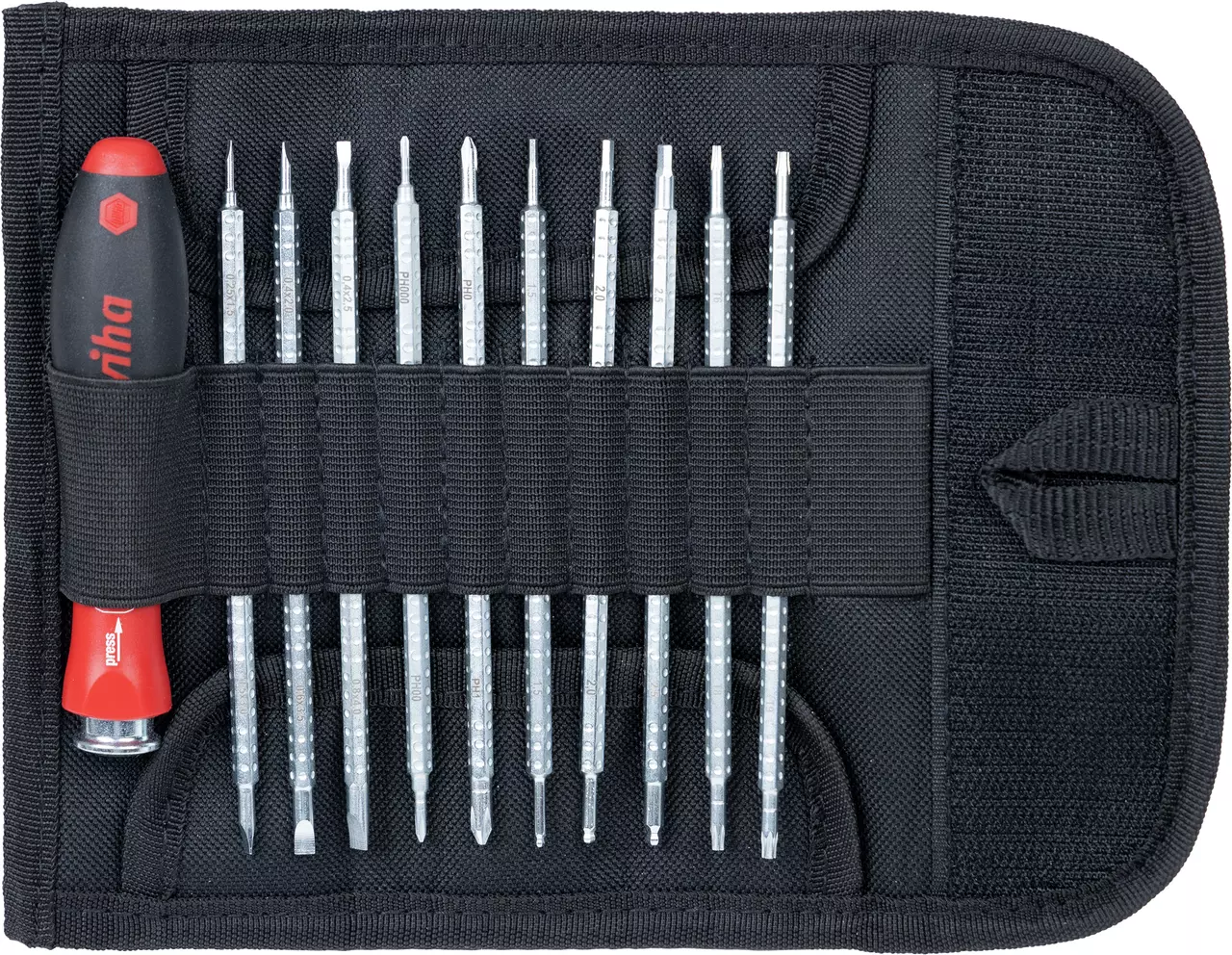 Tool set with red and black handle and multiple bits in a black fabric case.