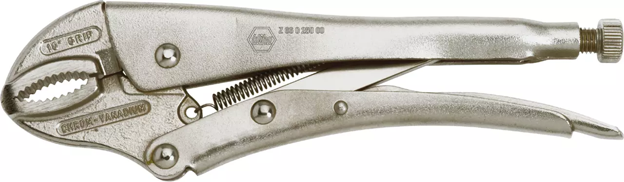 Classic silver locking pliers with adjustable screw and textured grip.