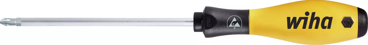 Yellow and black screwdriver with a Phillips head and ergonomic handle.