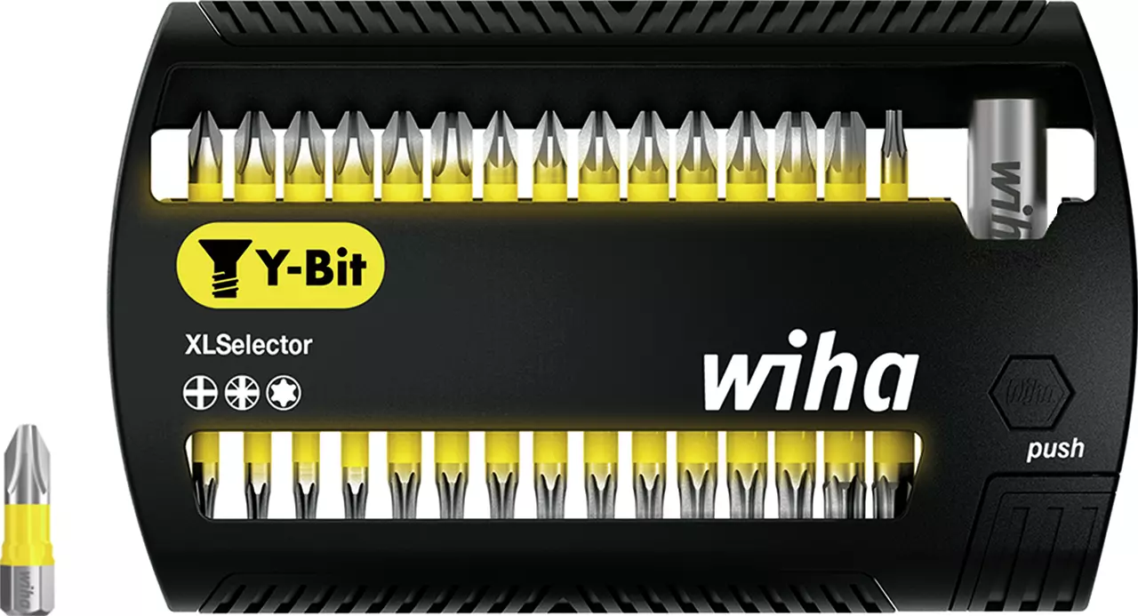 Bit set with multiple screwdriver bits in a black and yellow case.