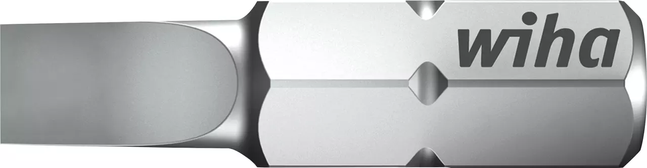 Slotted screwdriver bit, metallic, with "wiha" logo.