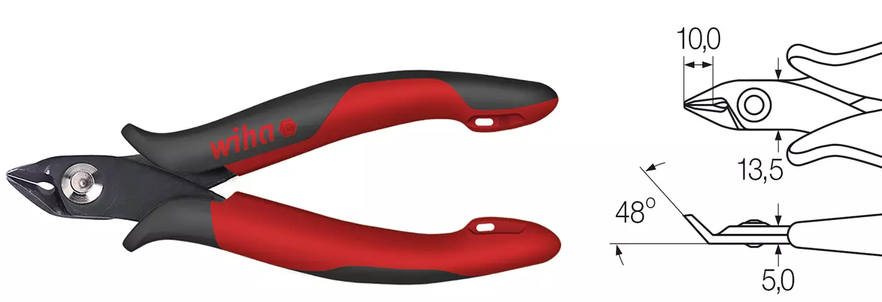 Electronic diagonal cutter with red and black handles, shown with technical drawing