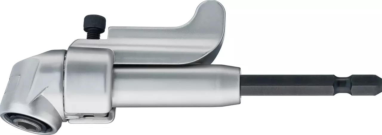 Silver right-angle screwdriver attachment, with a handle and a drill bit holder.