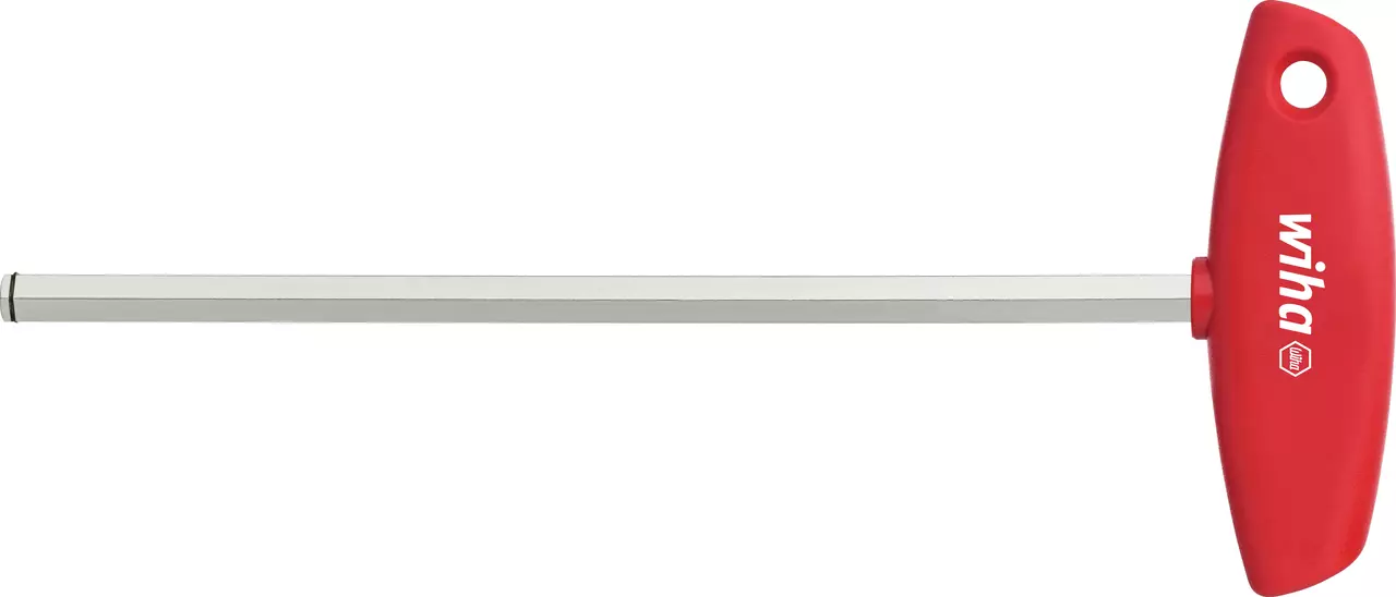 Hex key with red T-handle and long metal shaft
