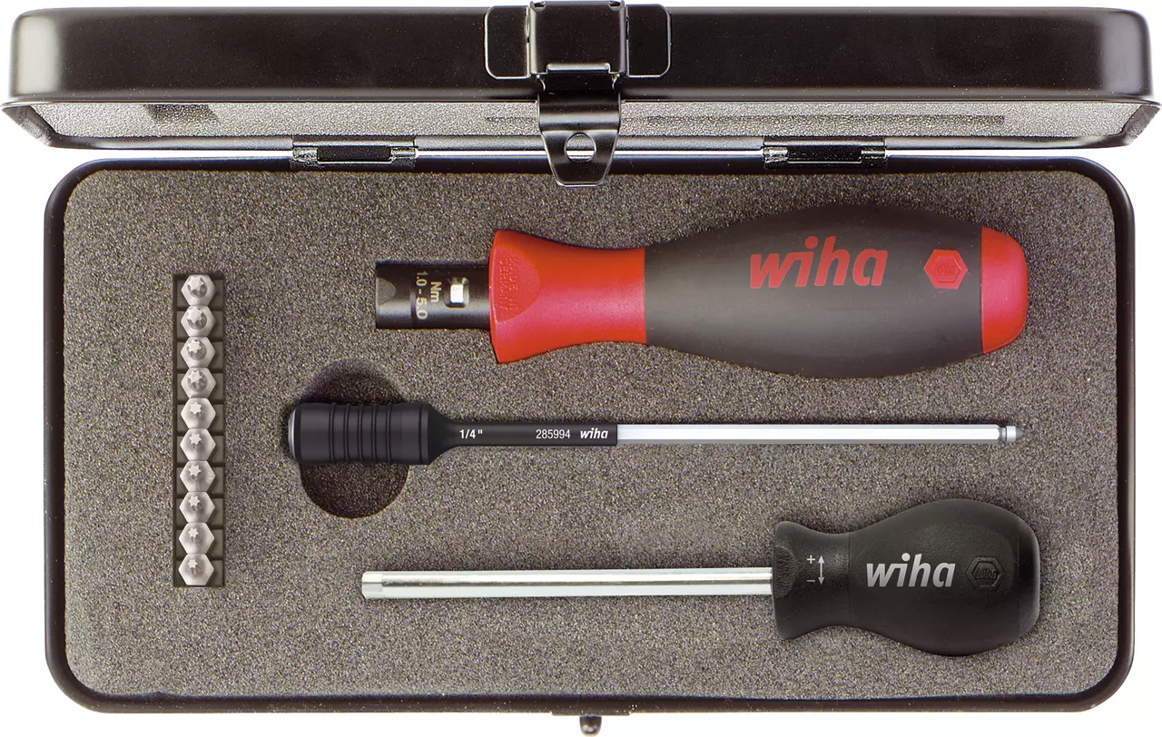 Torque screwdriver set with bits in a foam-lined case.