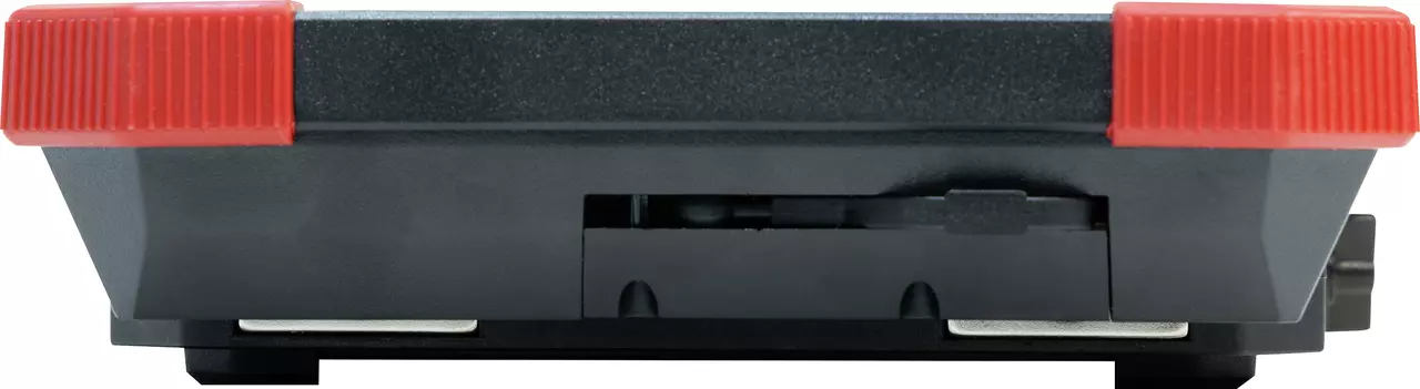 Black and red electronic device with visible connectors