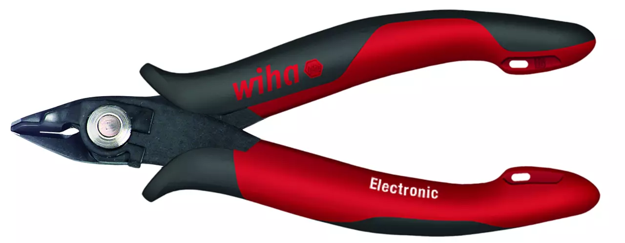 Red and black electronic side cutter with ergonomic handles.