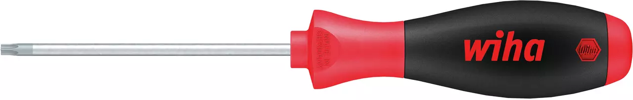 Torx screwdriver with black and red ergonomic handle, metal shaft.