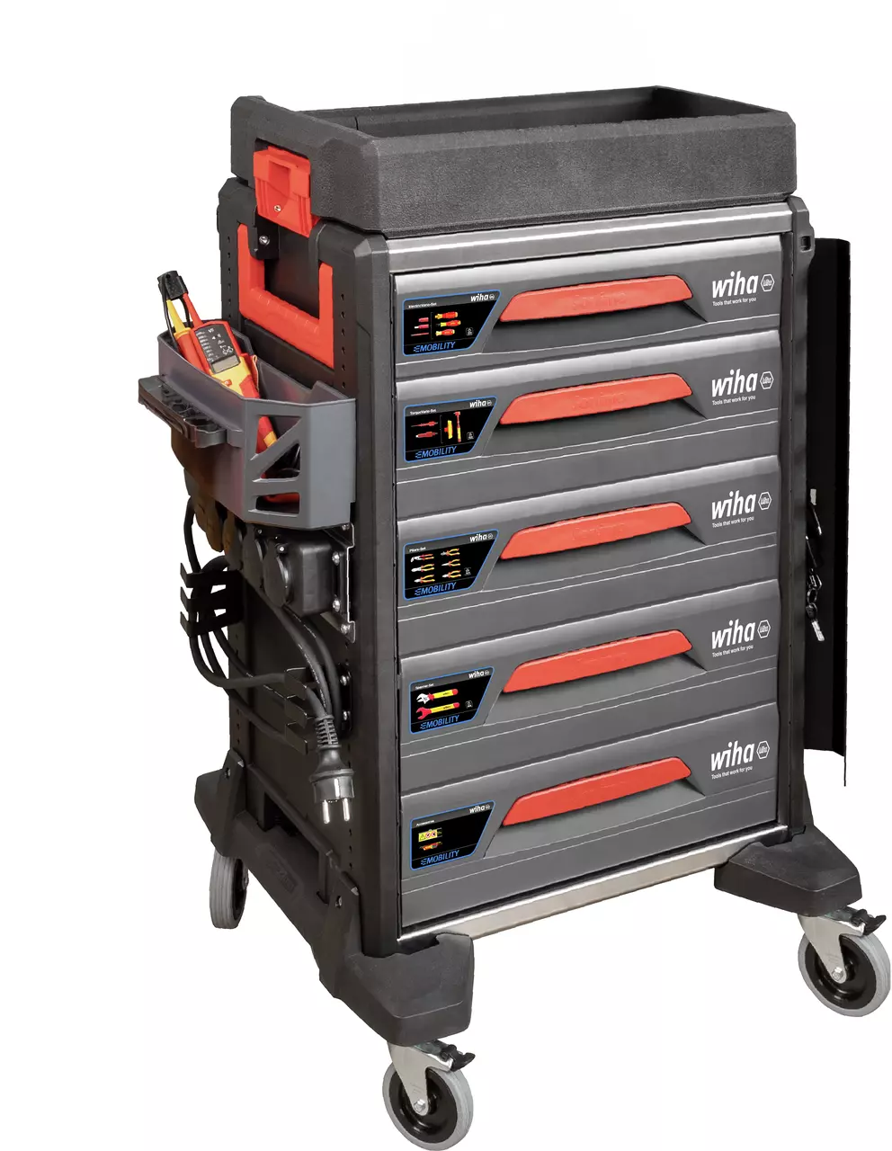 Mobile tool trolley with multiple drawers and side compartments, equipped with caster wheels.