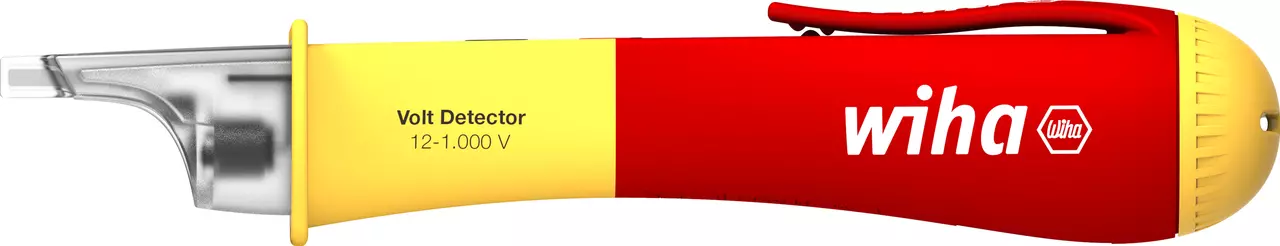 Yellow and red non-contact voltage detector with clip and label