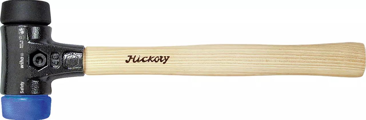 Rubber mallet with black and blue heads, wooden handle.