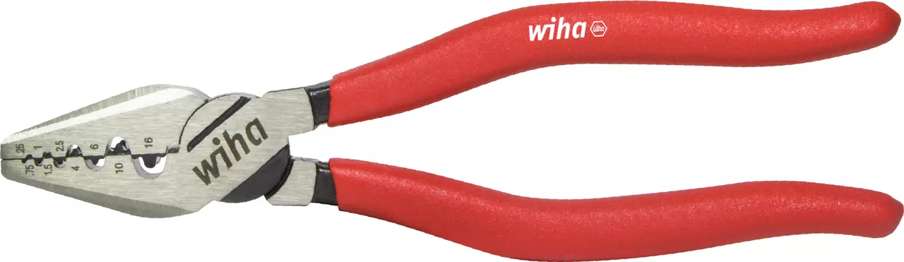Crimping pliers with red handles and metal jaws marked with measurements.