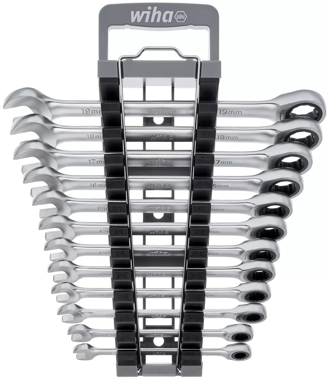 Set of combination ratchet wrenches in various sizes in a holder