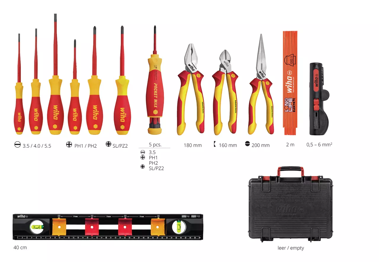 Tool set with screwdrivers, pliers, folding ruler, and case