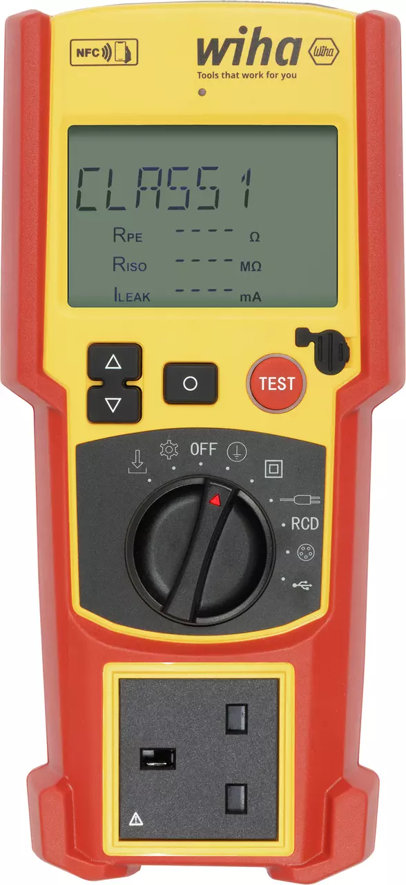 Red and yellow electrical testing device with a digital display and control buttons.