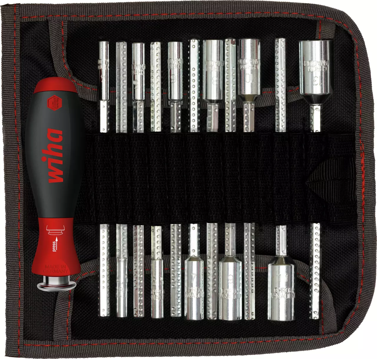 Set of interchangeable screwdriver bits and handle in a black fabric pouch