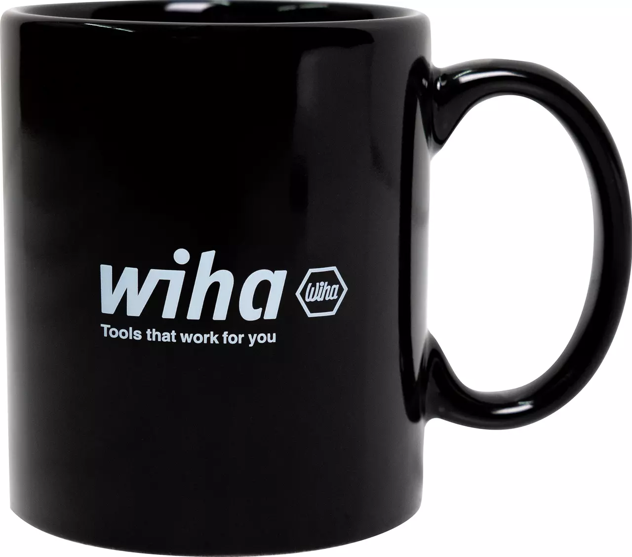 Shiny black mug with logo and text