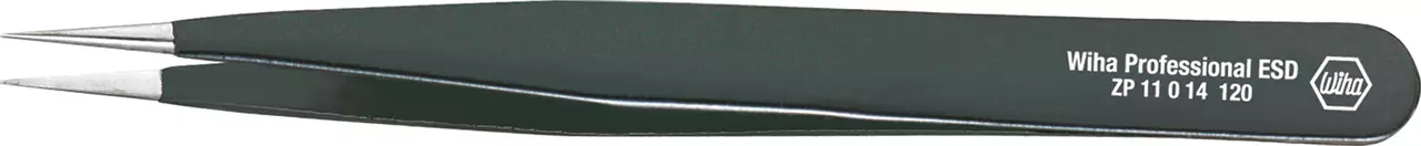 Black precision tweezers with pointed tips and printed text on the handle.