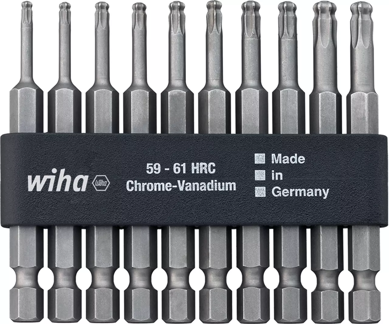 Set of nine chrome-vanadium bits in a black holder, labeled "Made in Germany".