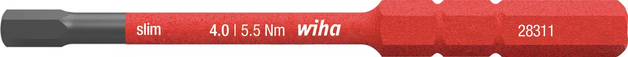 Red and black hexagonal screwdriver bit with white text markings.