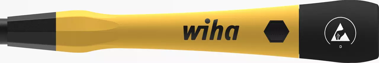 Yellow and black precision screwdriver handle with logo and symbols.