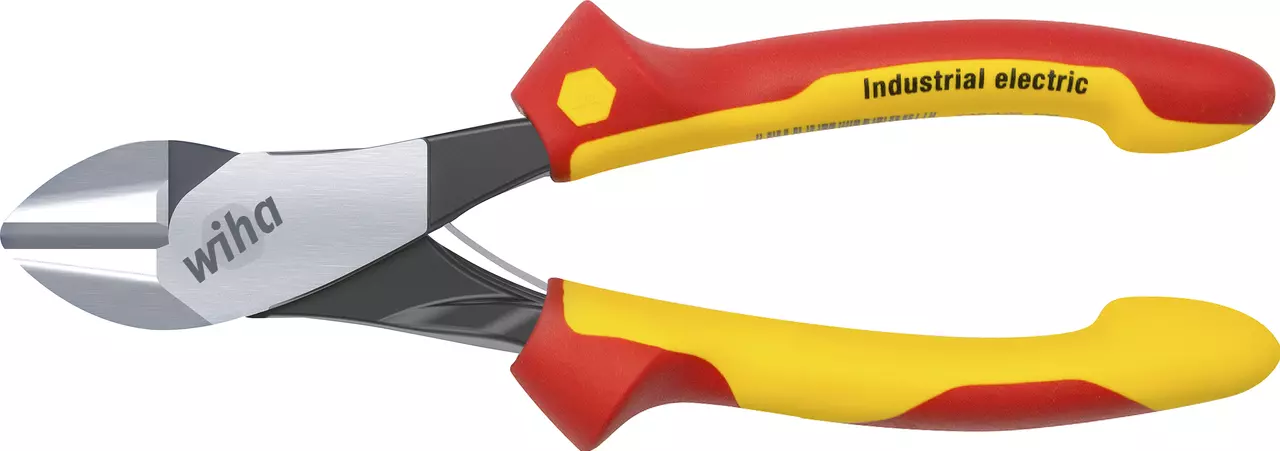 Red and yellow industrial electric side cutter pliers with insulated handles.