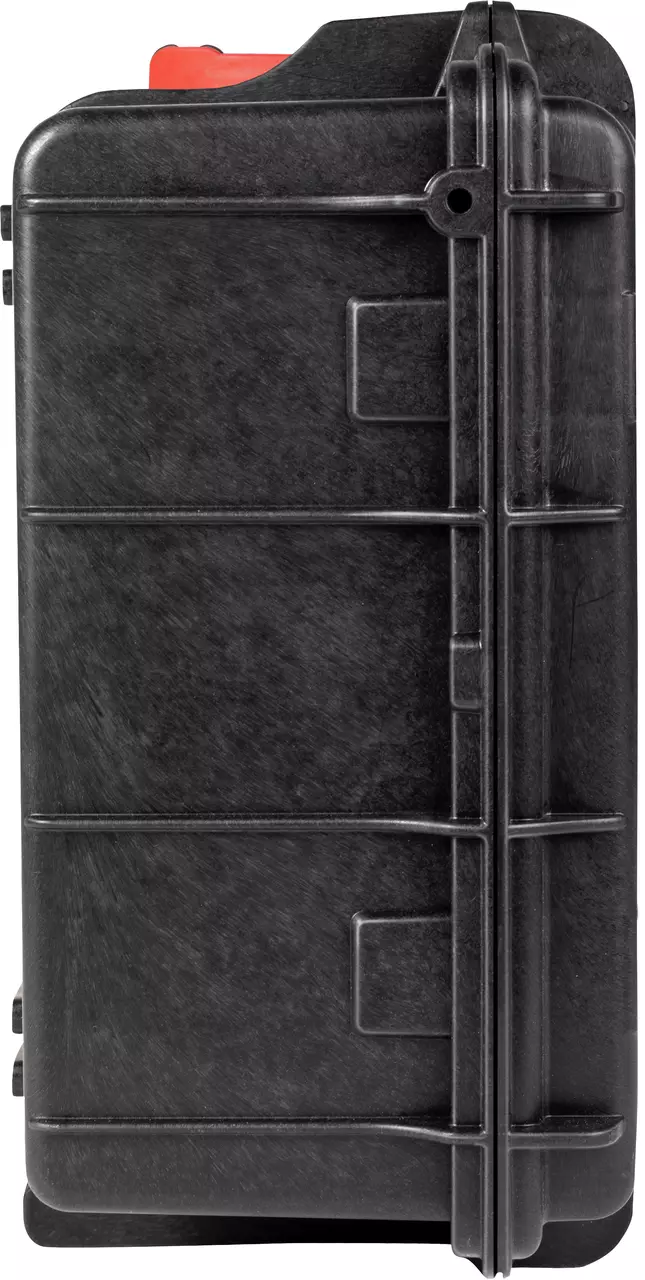 Black hard plastic tool case, closed, side view, with a red handle