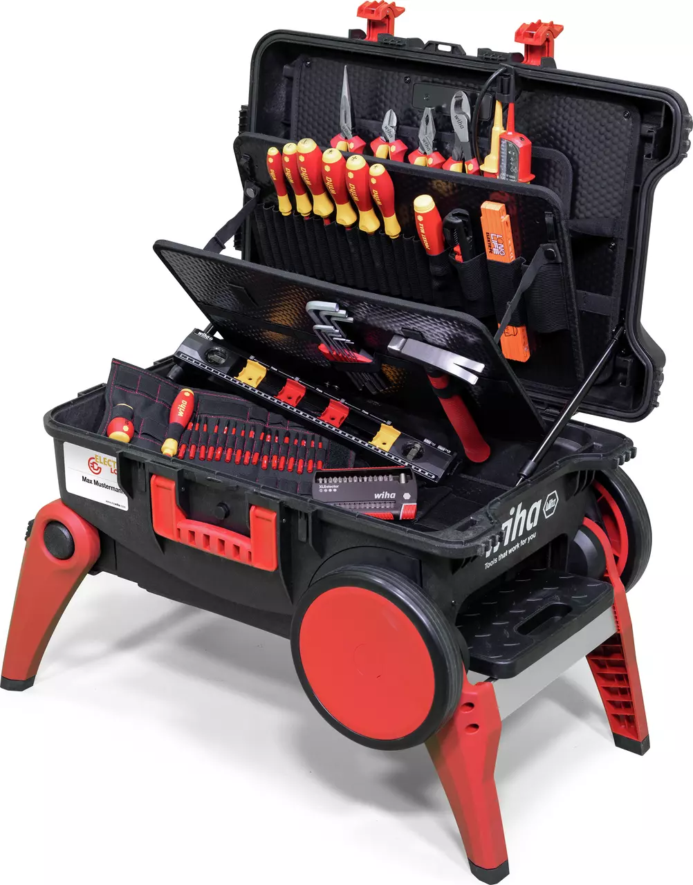 Tool case with assorted red and yellow-handled tools, including screwdrivers and pliers, on a wheeled stand.