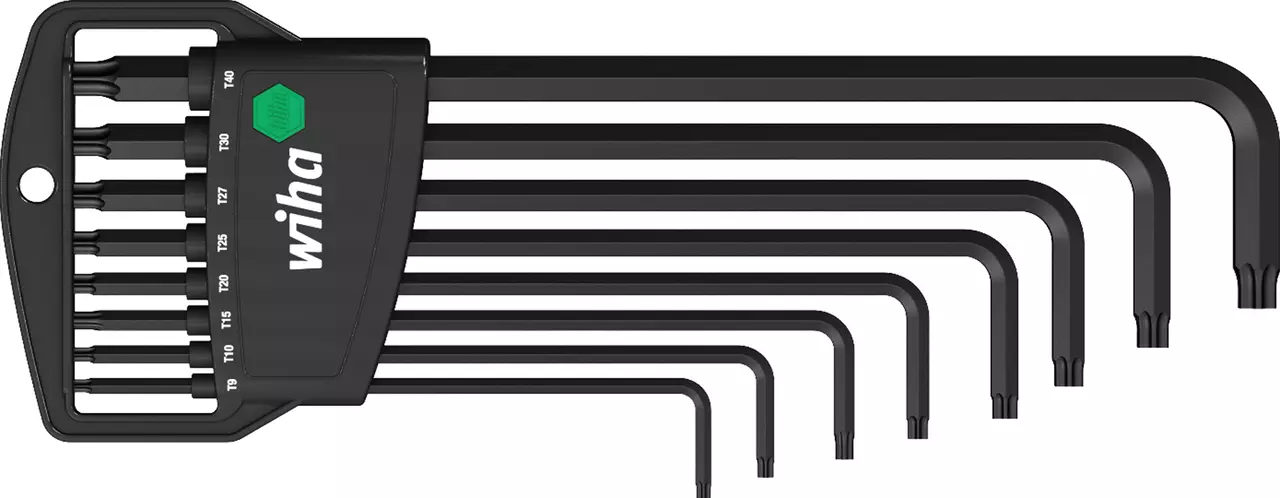 Set of black hex keys in a plastic holder