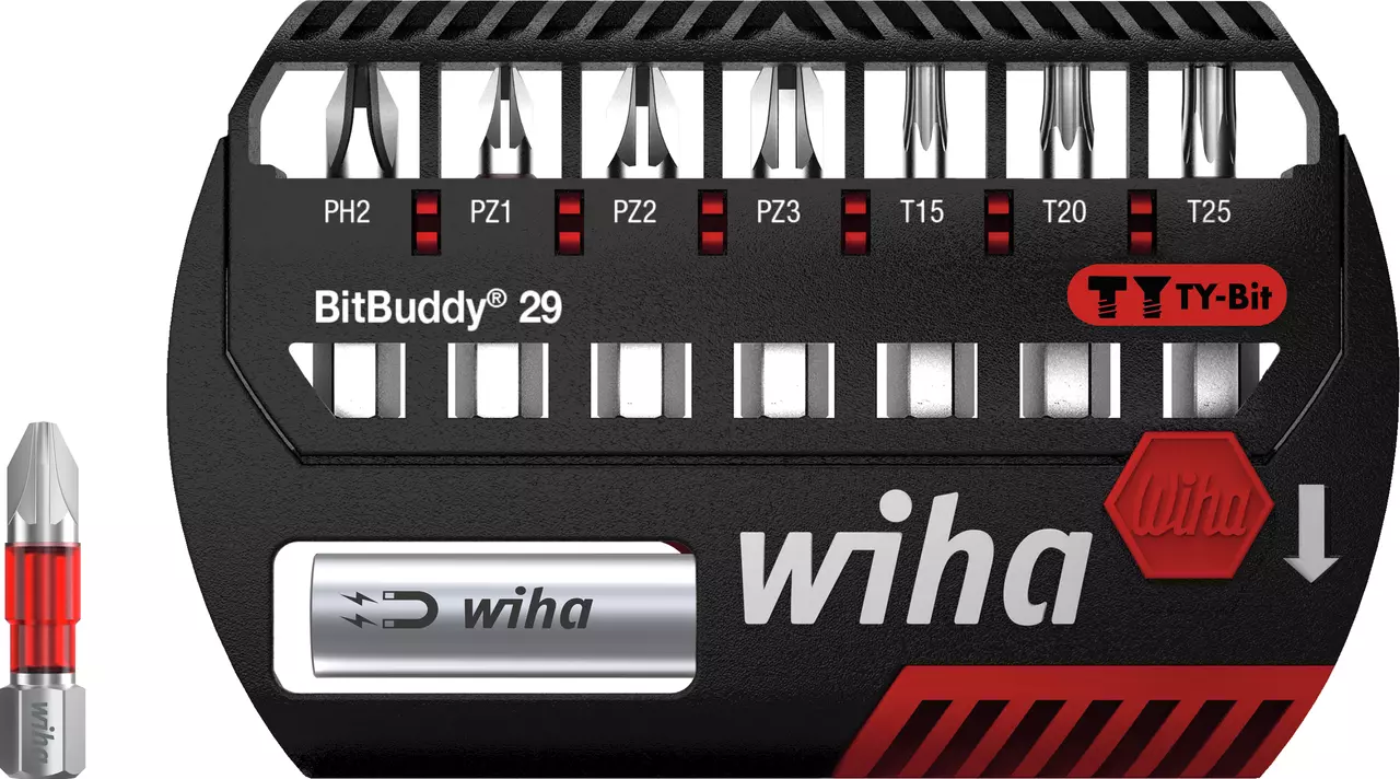 Bit set with multiple screwdriver bits in a black and red holder