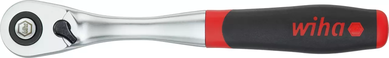 Reversible ratchet with silver metal and black handle, red accents, frontal view.